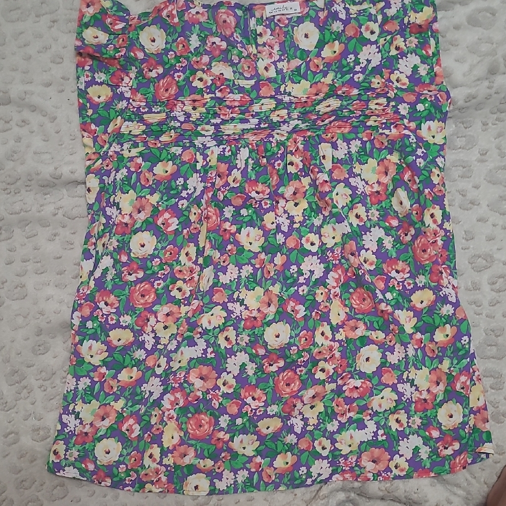 Purple And Floral Smocked A-Line Blouse
